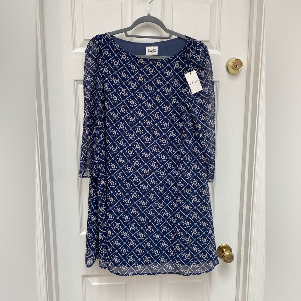 Elegant Navy Patterned Long Sheer Sleeve Dress NWT - Fr 36 / US 4 (Small)